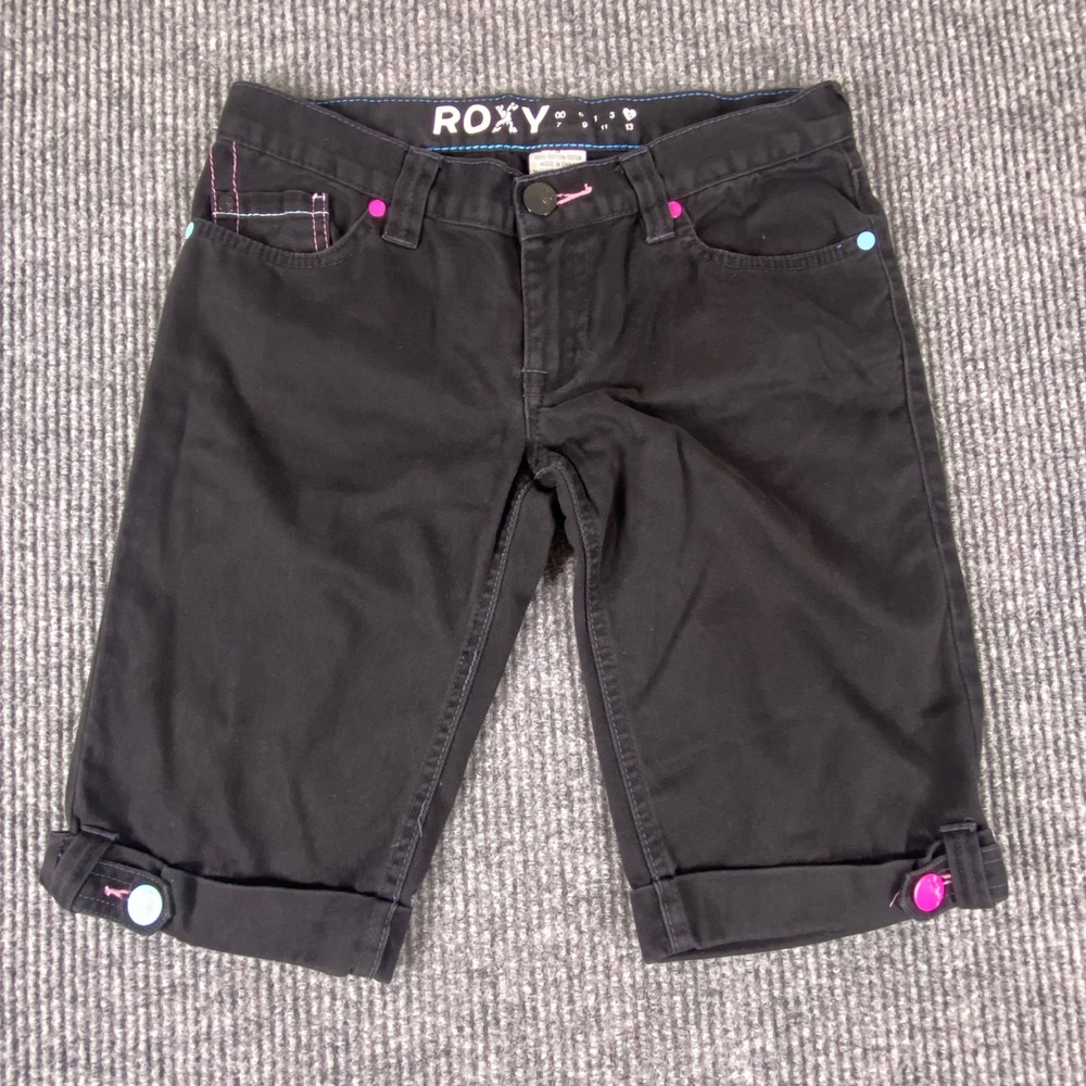 Roxy Bermuda Shorts Womens 5 Black Cuffed Denim Y2K Surf Skate Indie